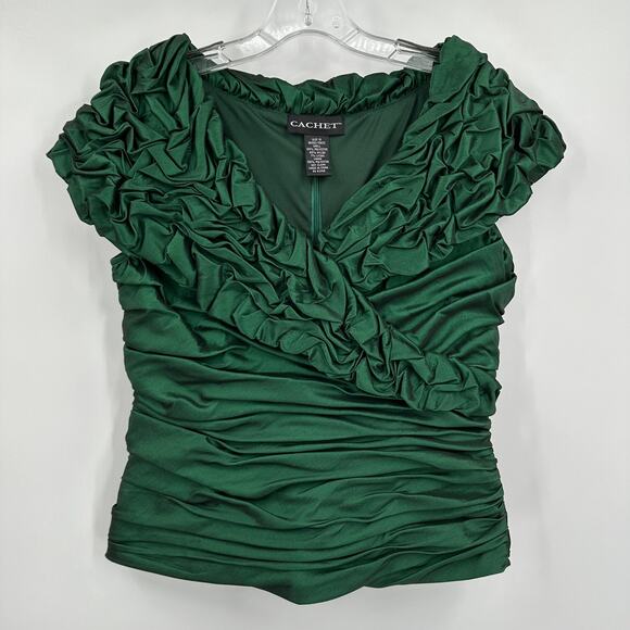 Cachet Womens Top Size 10 Green Ruched Green Holiday V Neck Event Architectural - Picture 1 of 6